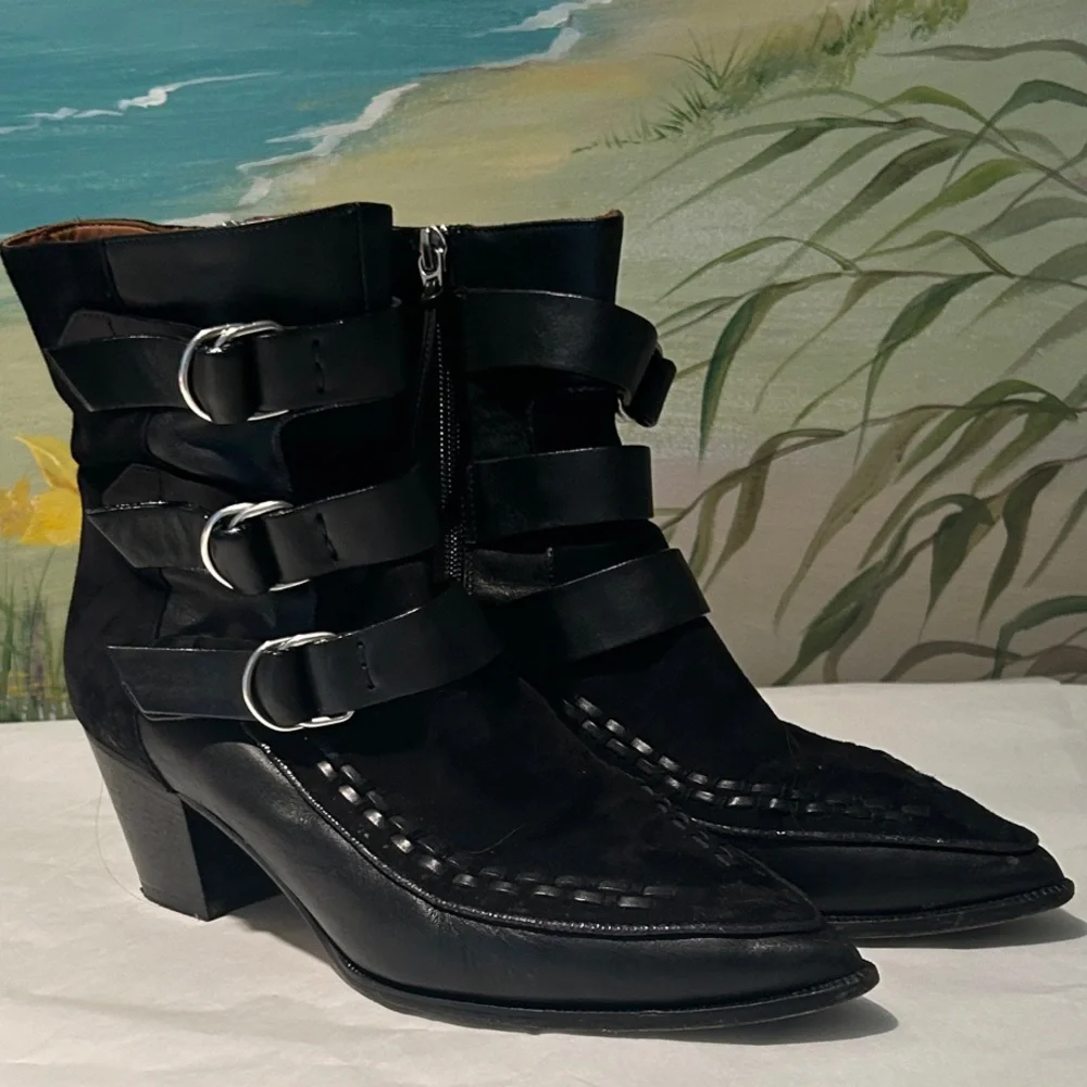 Isabel Marant Black Dickey Suede and Leather Triple Buckle Ankle Booties